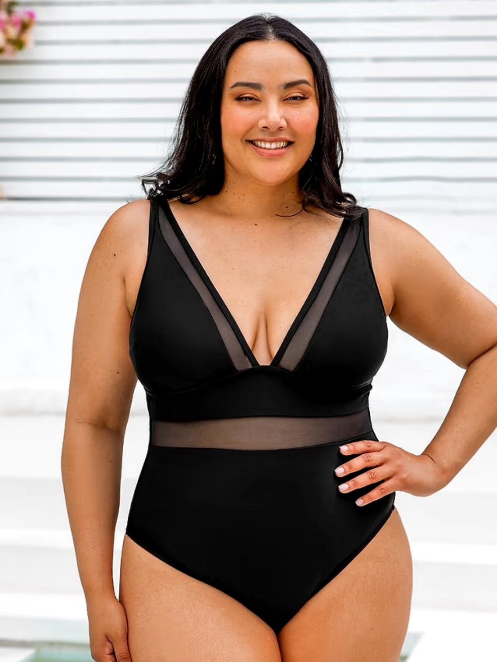 Cupshe Omniscient Solid Mesh Panel Tummy Control One Piece Swimsuit Black 3XL